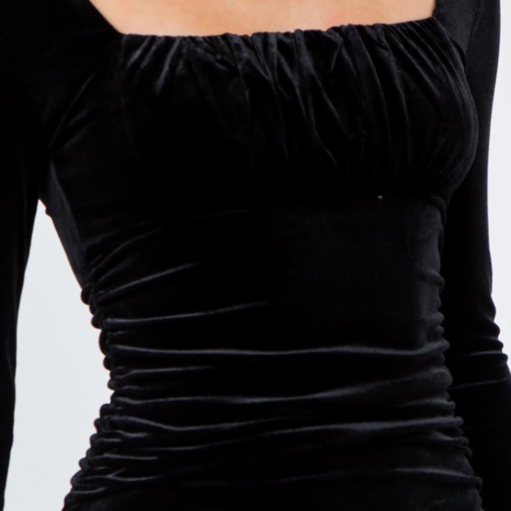 Solid Velvet Mini Dress With Ruched Detail - Picture 6 of 7
